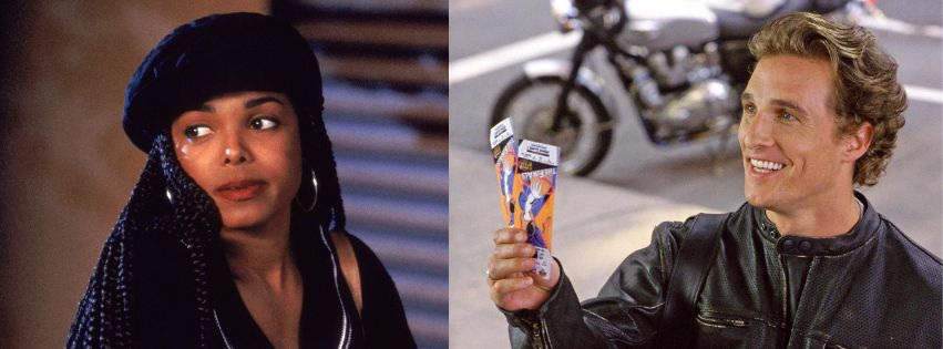 A collage of (Left) Janet Jackson as Justice in the 1993 movie Poetic Justice and (Right) Matthew McConaughey as Benjamin Barry in the 2003v movie How to Lose a Guy in 10 Days