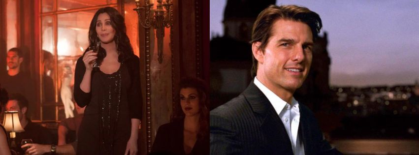 A collage of (Left) Cher as Tess Scali in a still from the 2010 movie Burlesque and (Right) Tom Cruise as Roy Miller in the 2010 movie Knight and Day