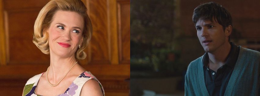 A collage of (Left) January Jones as Betty Draper in a still from the series Mad Men and (Right) Ashton Kutcher as Adam in the 2011 movie No Strings Attached