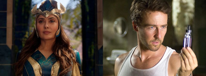 A collage of Salma Hayek as Ajak in a still from the 2021 movie Eternals (Left) and Edward Norton as Bruce Banner/Hulk in a still from the 2008 movie The Incredible Hulkl.