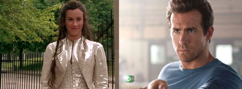 A collage of Alanis Morissette as God in the 1999 movie Dogma (Left) and Ryan Reynolds as Hal Jordan/Green Lantern in the 2011 movie Green Lantern (Right)