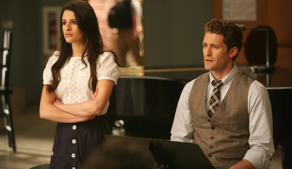 Matthew Morrison as Will Schuester and Lea Michele as Rachel Berry in a still from the series Glee