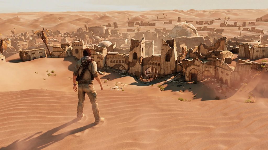 the image shows Nathan looking at a deserted village in Uncharted 3