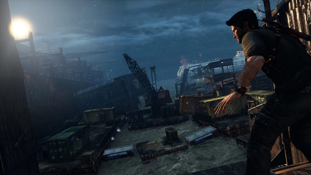 the image shows Nathan trying to find his way in the harbor in Uncharted 3