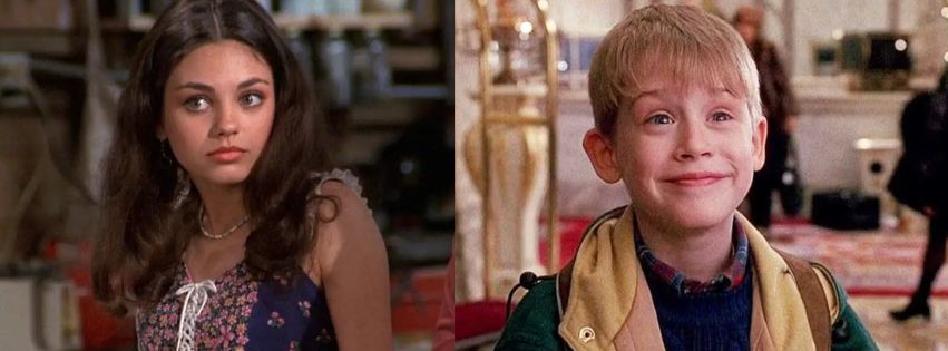 A collage of Mila Kunis as Jackie Burkhart (Left) in a still from the series That 70s Show and Macaulay Culkin as Kevin McCallister (Right) in the 1990 movie Home Alone