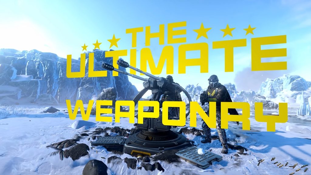 Helldivers 2 screenshot with the words "The Ultimate Weaponry" appearing in bold at the center.