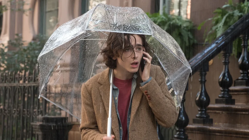 Timothée Chalamet in a still from A Rainy Day in New York