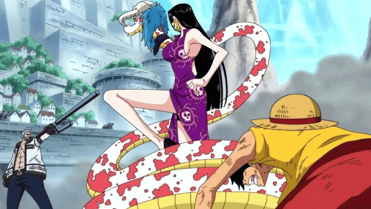 Boa Hancock defends Luffy from Smoker in One Piece. 