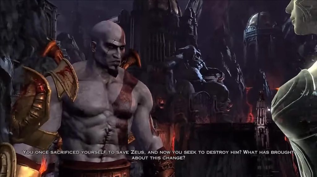 the image shows Kratos questioning Athena in God of War 3 