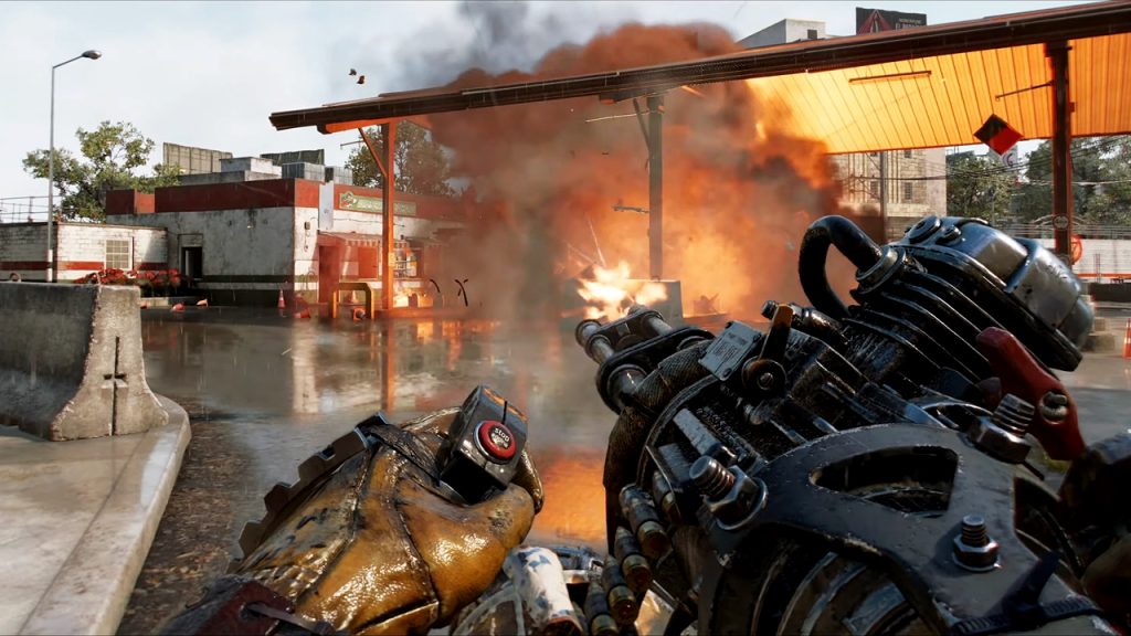 A gameplay screenshot from Far Cry 6 showcasing the player using a minigun fitted with a motorcycle engine.