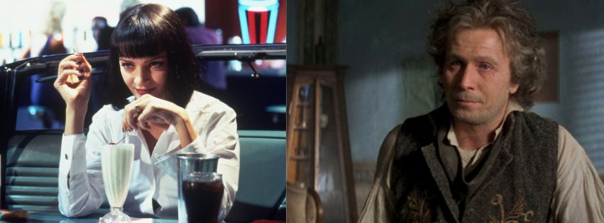 A collage of Uma Thurman as Mia Wallace (Left) in the 1994 Tarantino movie Pulp Fiction and Gary Oldman as Ludwig van Beethoven (Right) in the 1994 movie Immortal Beloved