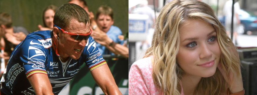 A collage of Lance Armstrong finishing 3rd in Sète, taking over the Yellow Jersey at Grand Prix Midi Libre 2002 (Left) and Ashley Olsen as Jane Ryan in the 2004 movie New York Minute