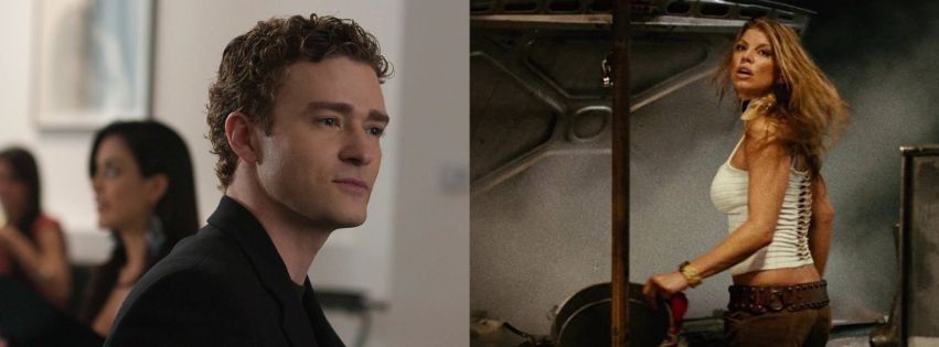 A collage of Justin Timberlake as Sean Parker in the 2010 movie The Social Network and Fergie as Tammy Visan in the 2007 movie Planet Terror