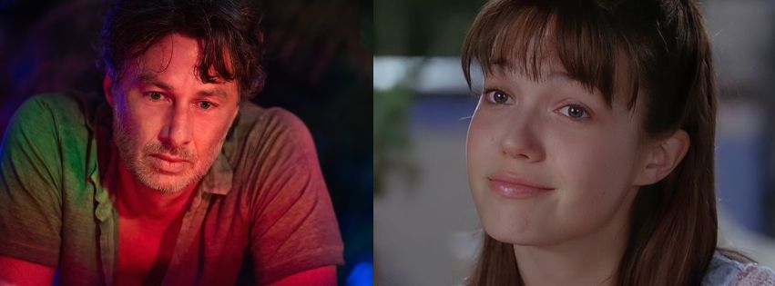 A collage of Zach Braff as Israel O'Peele (Left) in a still from the series Bad Monkeys and Mandy Moore as Jamie Sullivan (Right) in the 2002 movie A Walk to Remember.