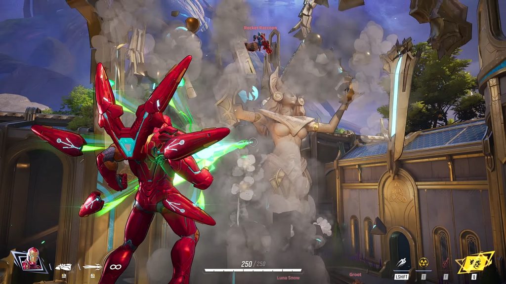 Marvel Rivals gameplay screenshot of an Iron Man player exploiting the destructible environment of the game.