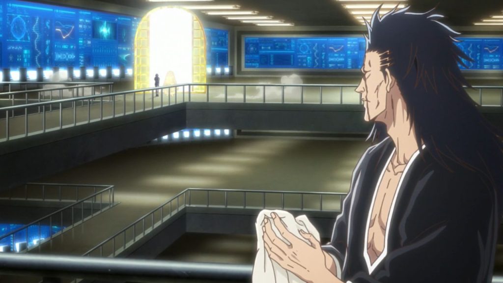 Kenpachi Zaraki observing Mayuri after his washroom trip in Bleach: TYBW | Credits: Studio Pierrot