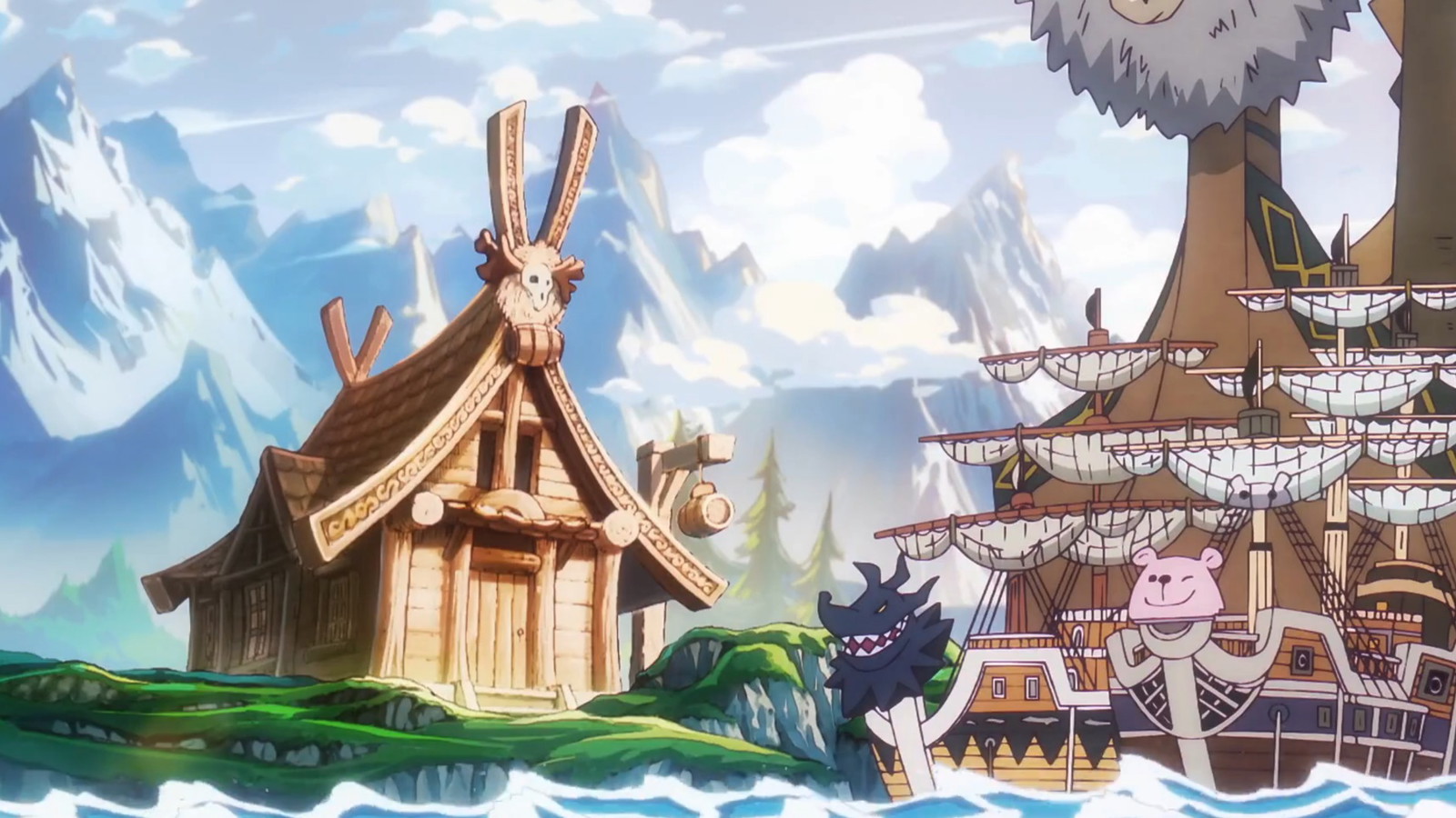 A still of Elbaf Island in the anime as Shanks arrives in Eiichiro Oda's One Piece 