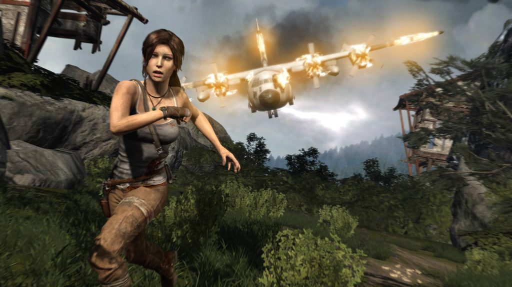 the image shows Lara Croft running from a plane in Tomb Raider 2013