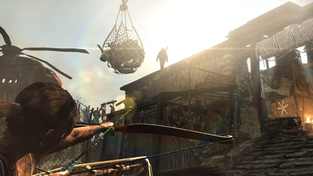 the image shows lara croft shooting an arrow in Tomb Raider 2013