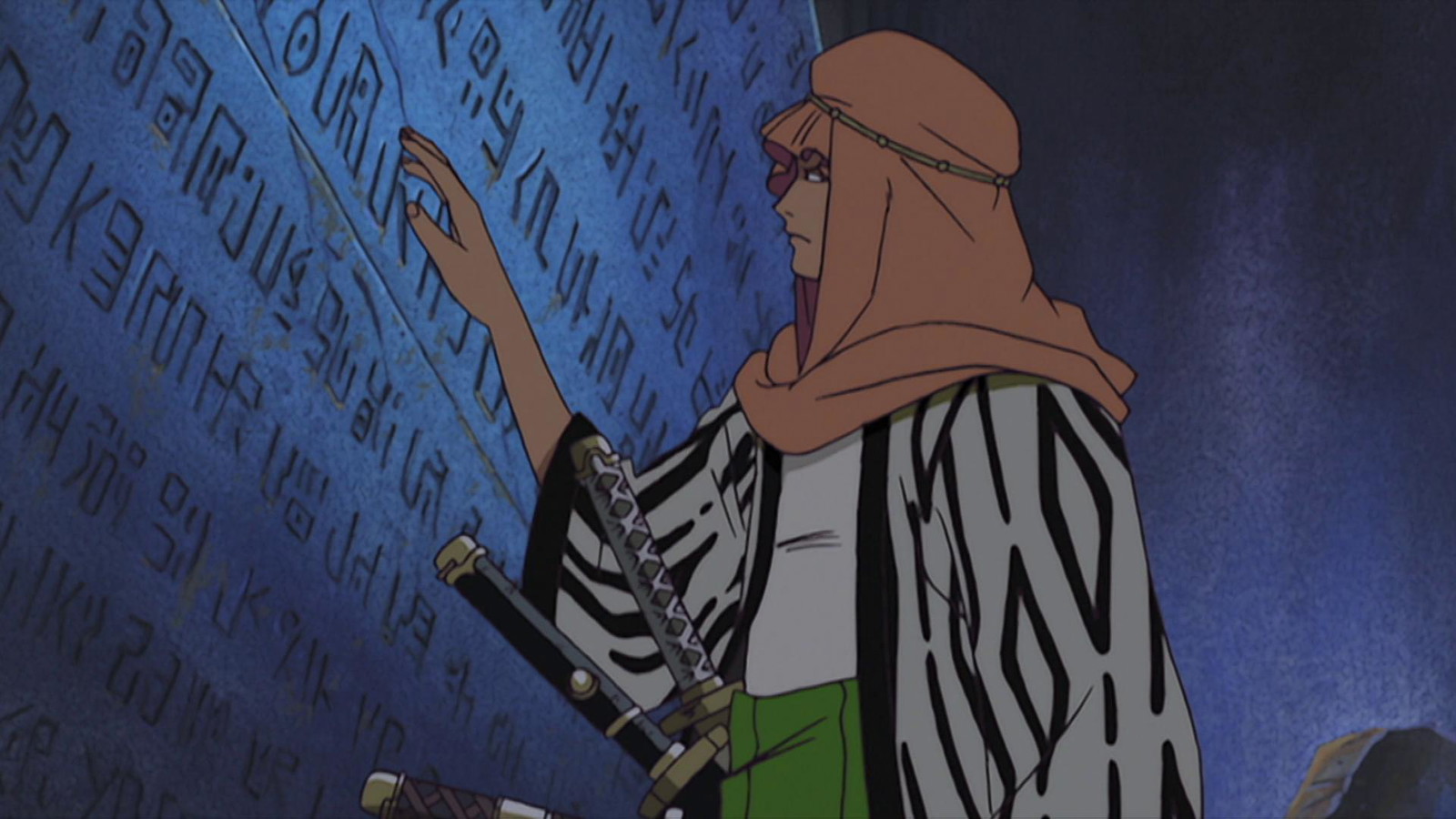 Zoro finds a Poneglyph in Alabasta in One Piece. 