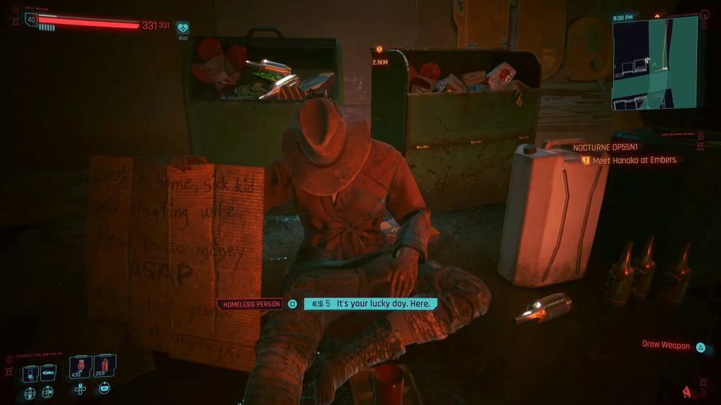 A gameplay screenshot from Cyberpunk 2077 featuring a homeless man.