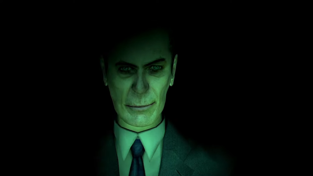 A close-up of the G-Man from the Half-Life games.