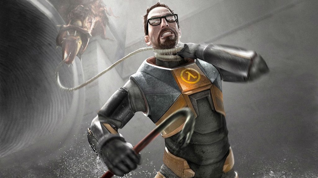 A scene from Half-Life 2 featuring protagonist Gordon Freeman, crowbar in hand, getting choked by an enemy. 