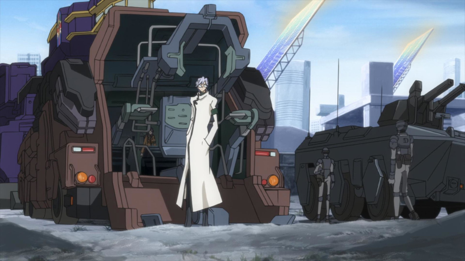 A still from Code Geass anime that shows the mechanical machines