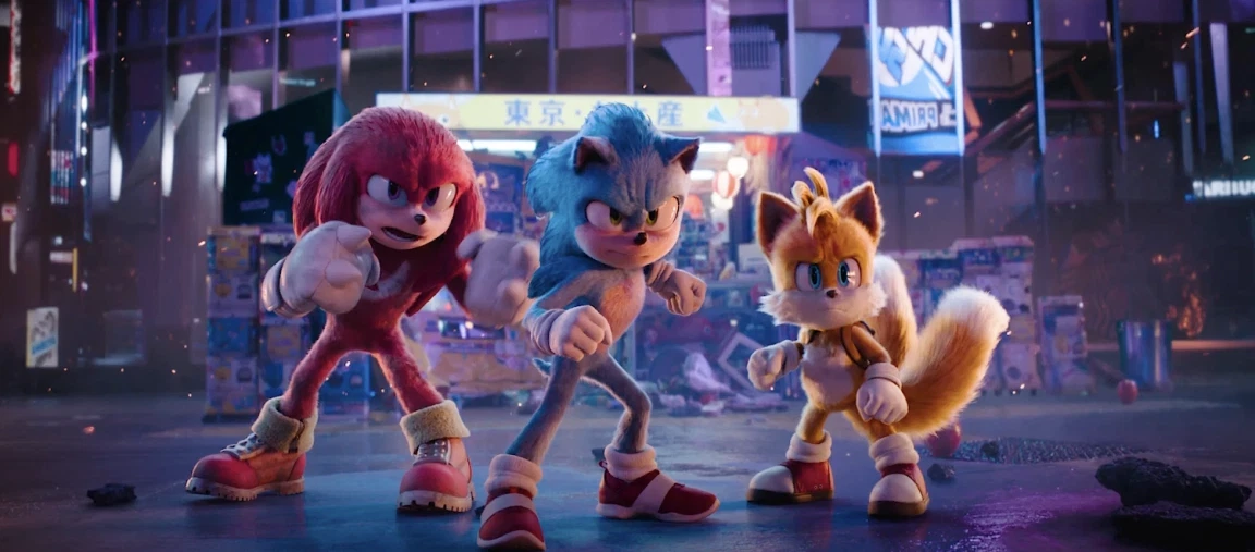 Knuckles, Sonic, and Tails in the movie Sonic The Hedgehog 3 