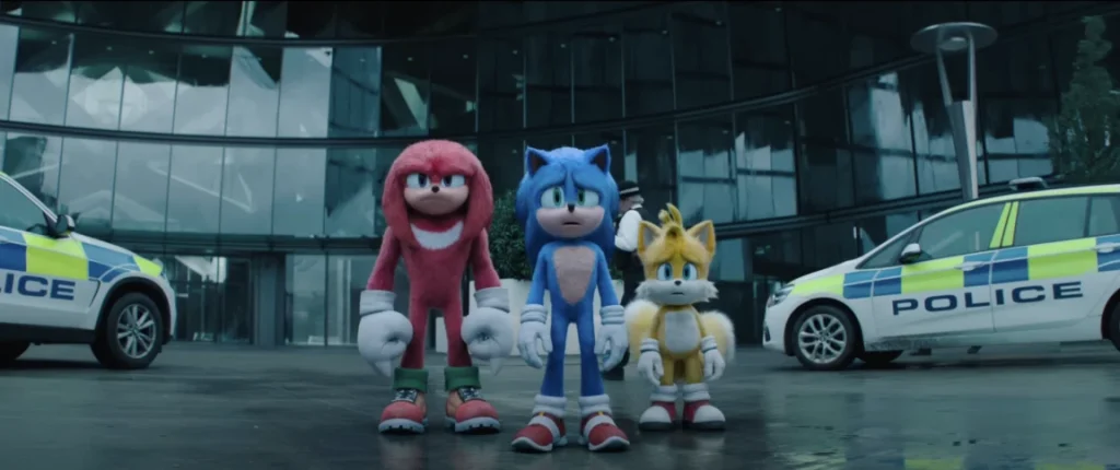 Knuckles, Sonic, and Tails in the movie Sonic The Hedgehog 3.