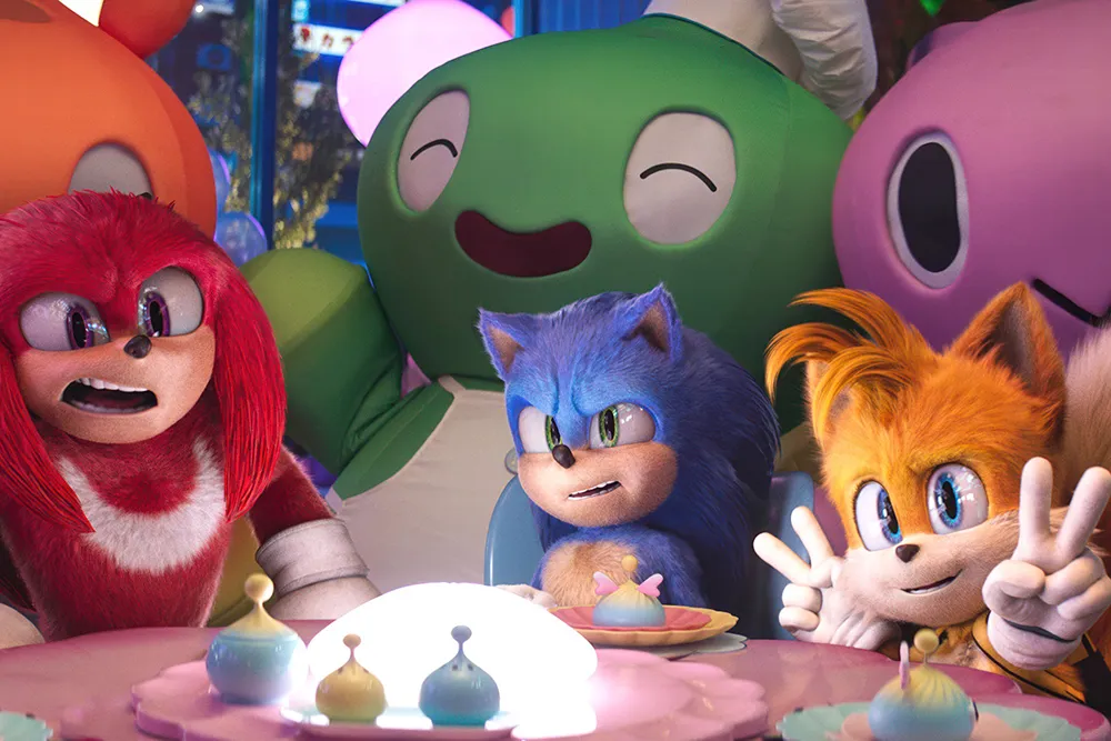 Knuckles, Sonic, and Tails in the movie Sonic The Hedgehog 3.