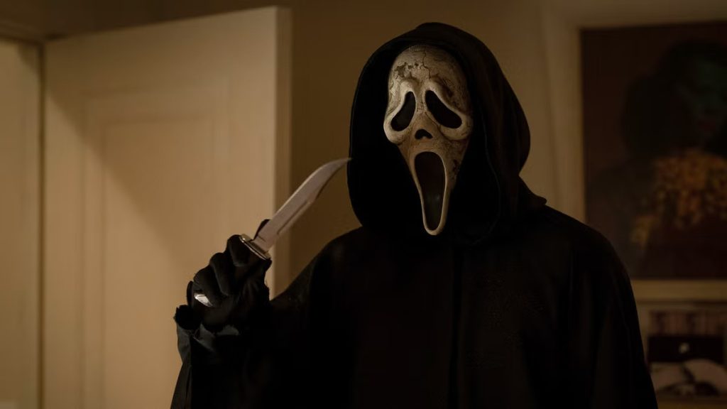 Ghostface, the masked antagonist from the Scream series, wielding a knife