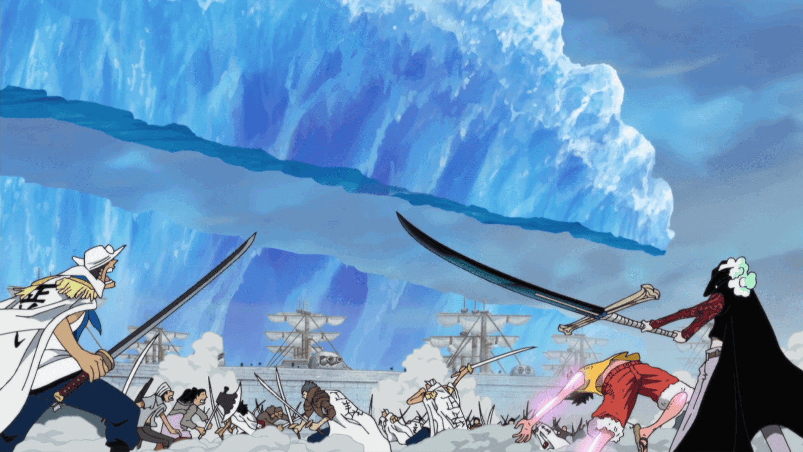 Mihawk slices an iceberg in half in One Piece. 