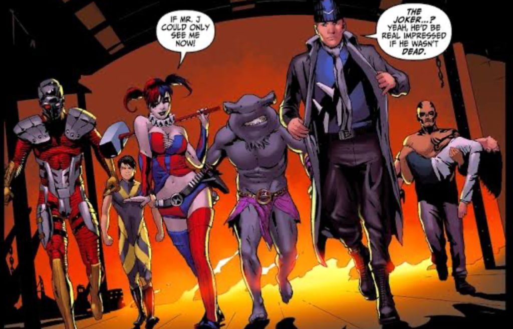 Harley Quinn and Deadshot with the other Suicide Squad characters from the DC Comic strip 