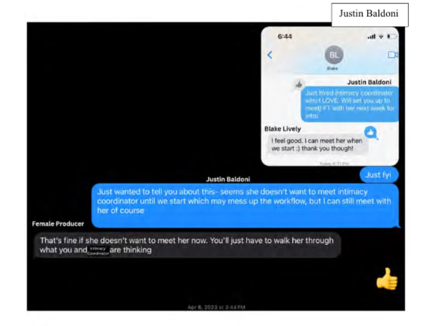 Justin Baldoni worried about Lively not meeting with intimacy coordinator in this alleged text.