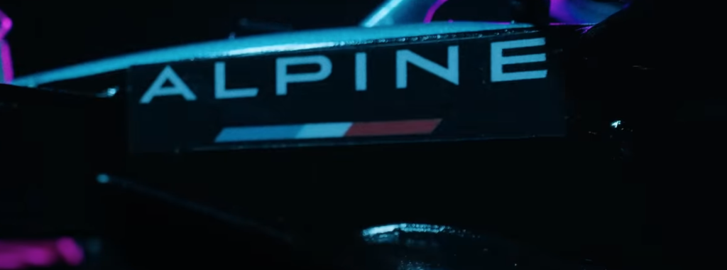 A zoom in on the Alpine logo of an F! car