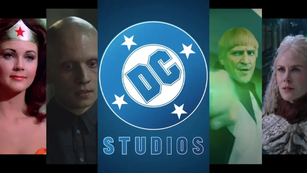 From left to right - Lynda Carter from Wonder Woman, Anthony Carrigan from Gotham, DC Studios logo, Nathan Fillion from Superman, and Nicole Kidman from Aquaman