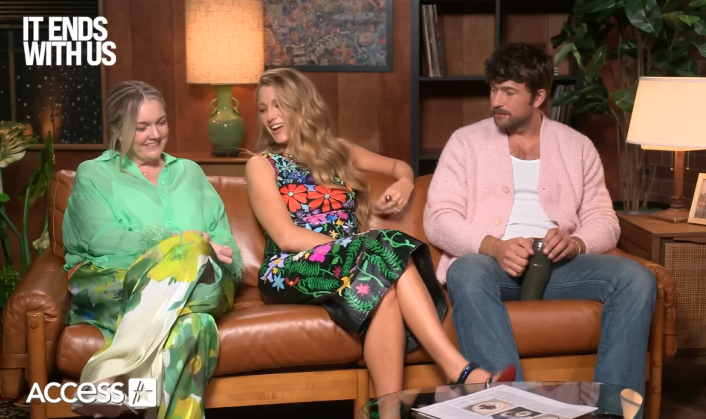 Colleen Hoover, Blake Lively, and Brandon Sklenar during an interview with access hollywood