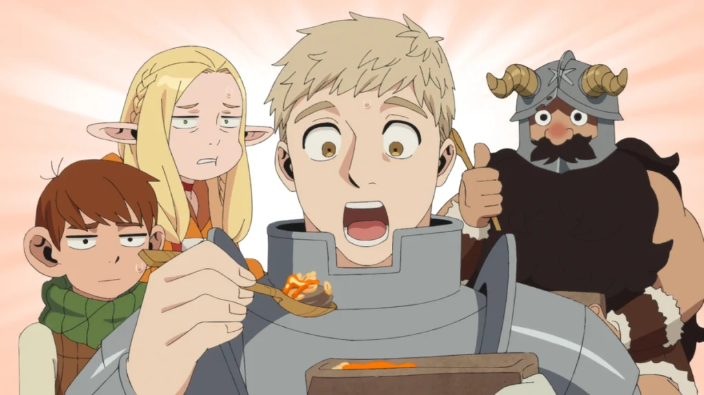 A still from Delicious in Dungeon, containing Laios, Marcelle, Mutthiman