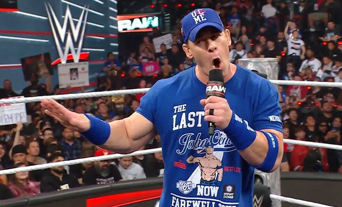 John Cena wearing his farewell T-shirt at the Netflix premiere of WWE RAW