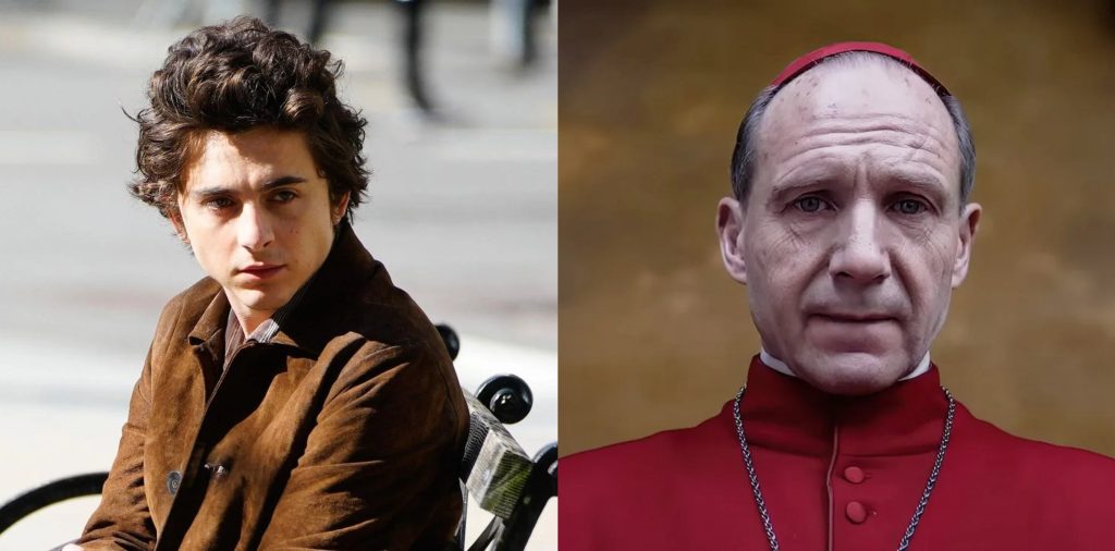 Timothée Chalamet in as singer Bob Dylan in A Complete Unknown and Ralph Fiennes as Thomas Cardinal Lawrence, a British liberal and the Dean of the College of Cardinals, in Conclave 