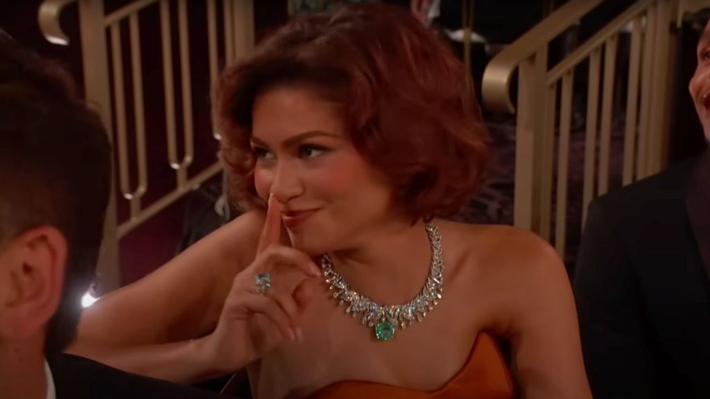 Zendaya during Nikki Glaser's monologue at 2025 Golden Globes