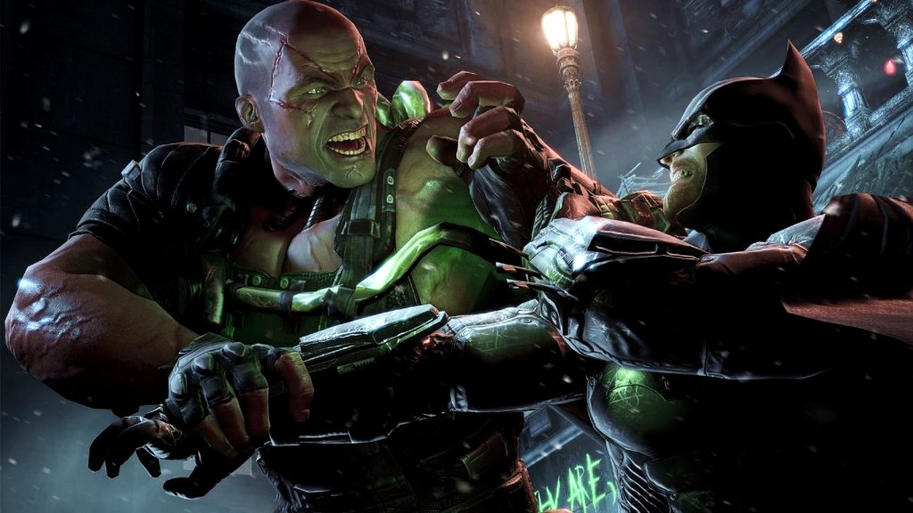  Arkham Origins screenshot featuring Batman being overpowered by Bane.