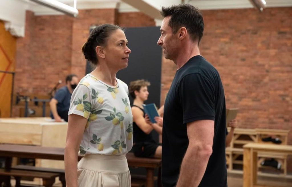 Sutton Foster and Hugh Jackman during a Broadway practice session