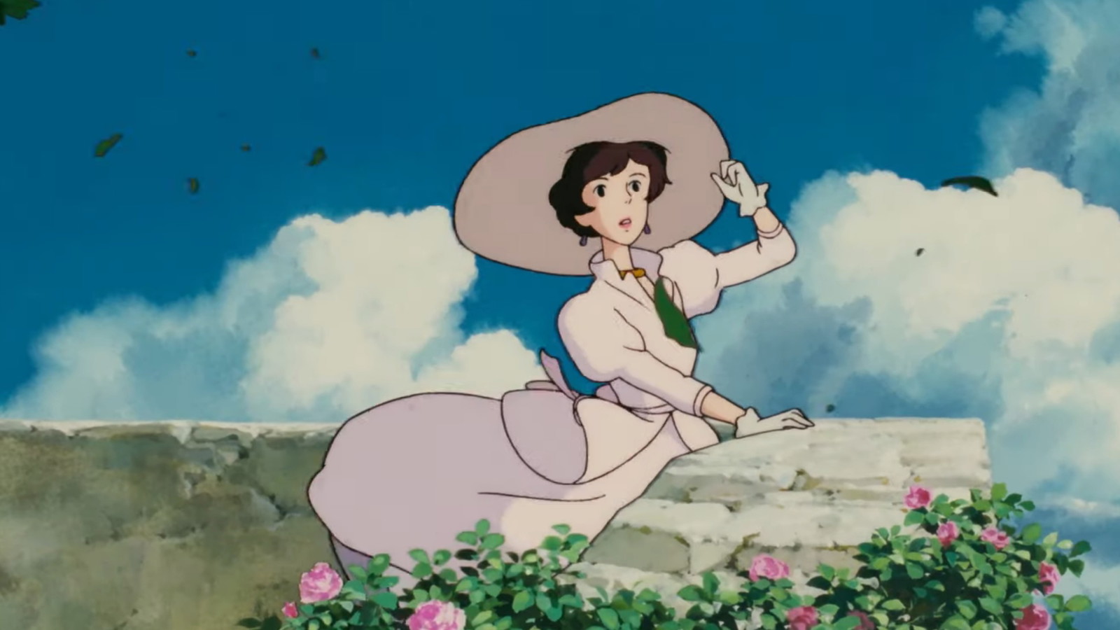 Madame Gina in Hayao Miyazaki's Porco Rosso can be seen standing while holding her hat