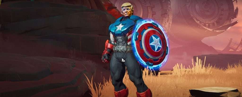 A still of Trump's head on Captain America in Marvel Rivals using Nexus Mods