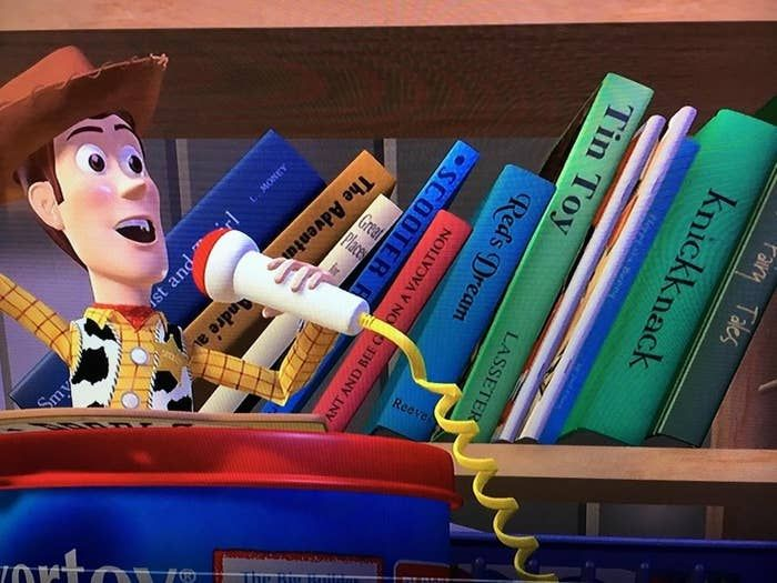 A still from the Toy Story franchise featuring books from Andy's bookshelf