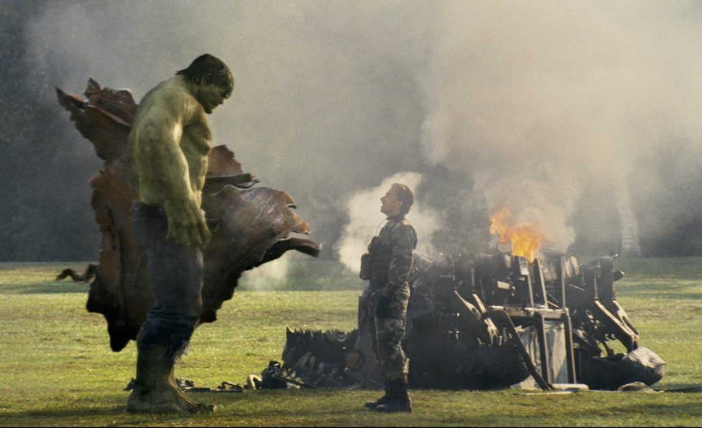 Edward Norton's Hulk and Tim Roth's Emil Blonsky face-to-face in a scene from The Incredible Hulk