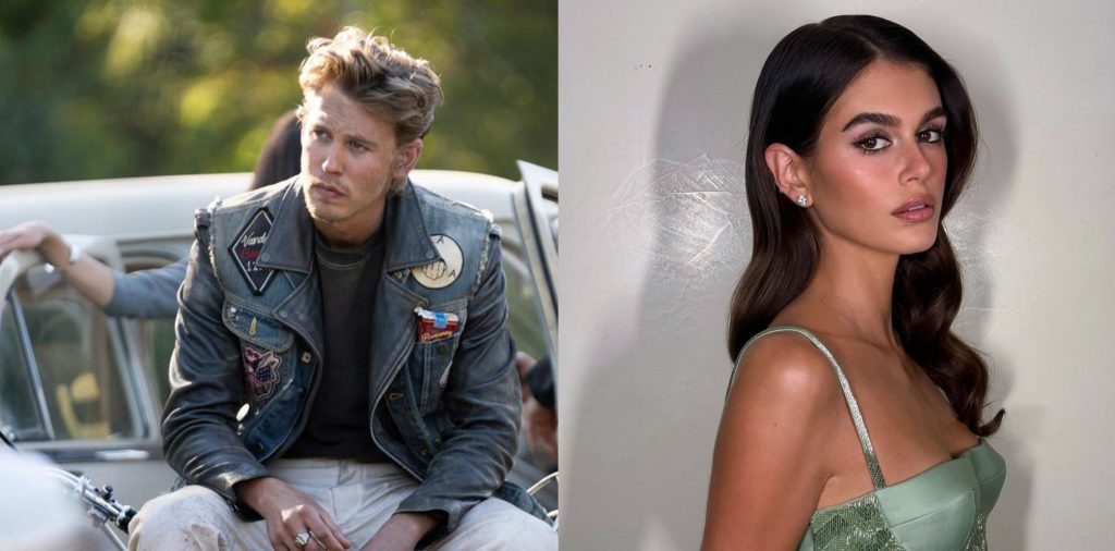 Austin Butler as Benny, a central figure in the Vandals Motorcycle Club, in The Bikeriders and model Kaia Gerber