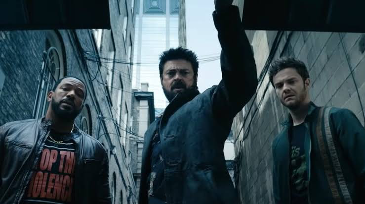 Karl Urban as Billy Butcher with Jack Quiad’s Hughie Campbell and Laz Alonso’s MM in The Boys